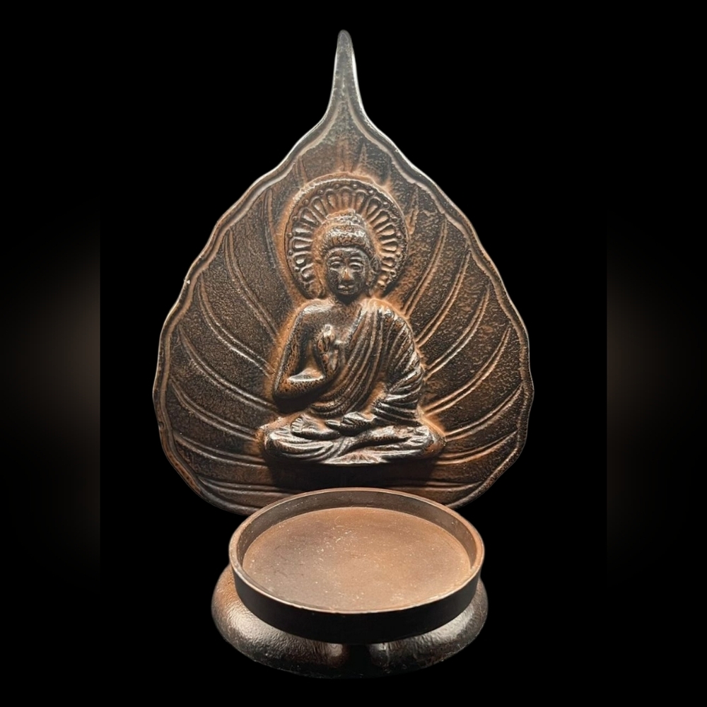 Buddha With Lotus Leaf Background Antiqued Metal Table Top Candle Holder